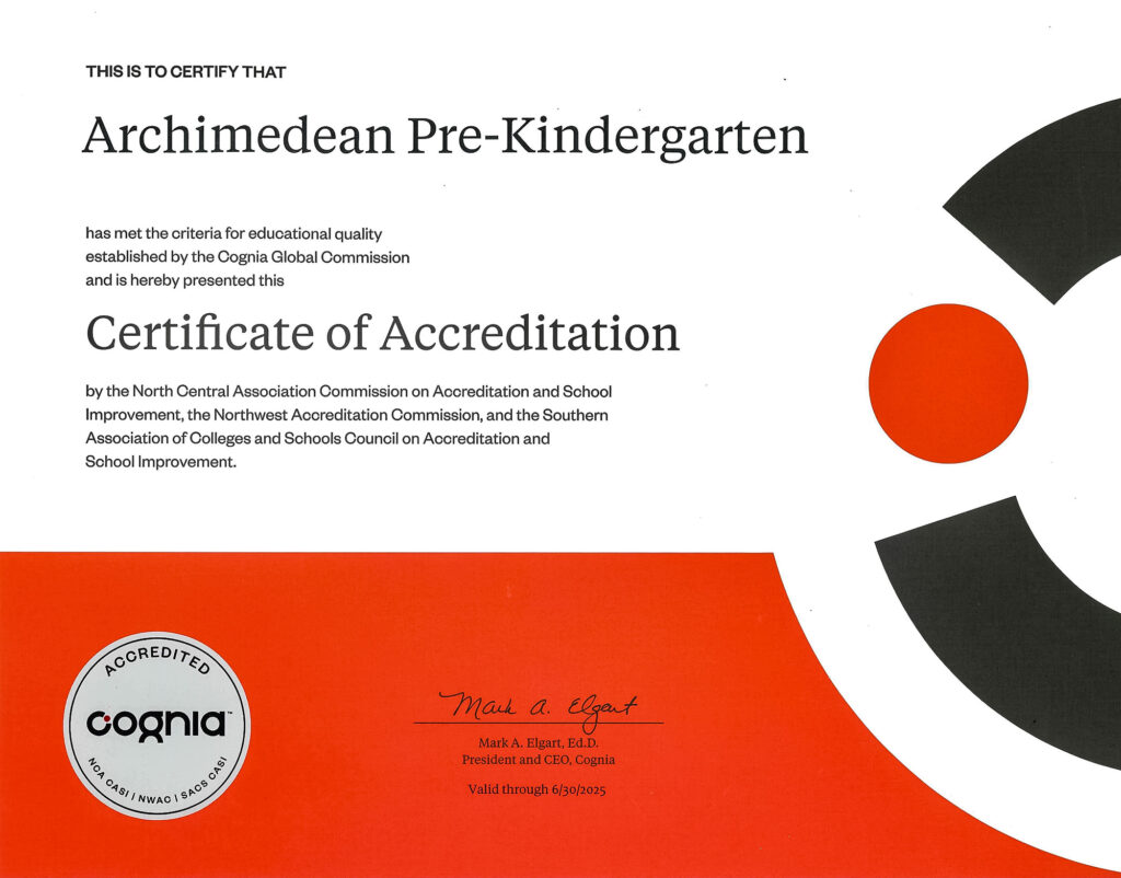 Archimedean Pre K certificate of accreditation